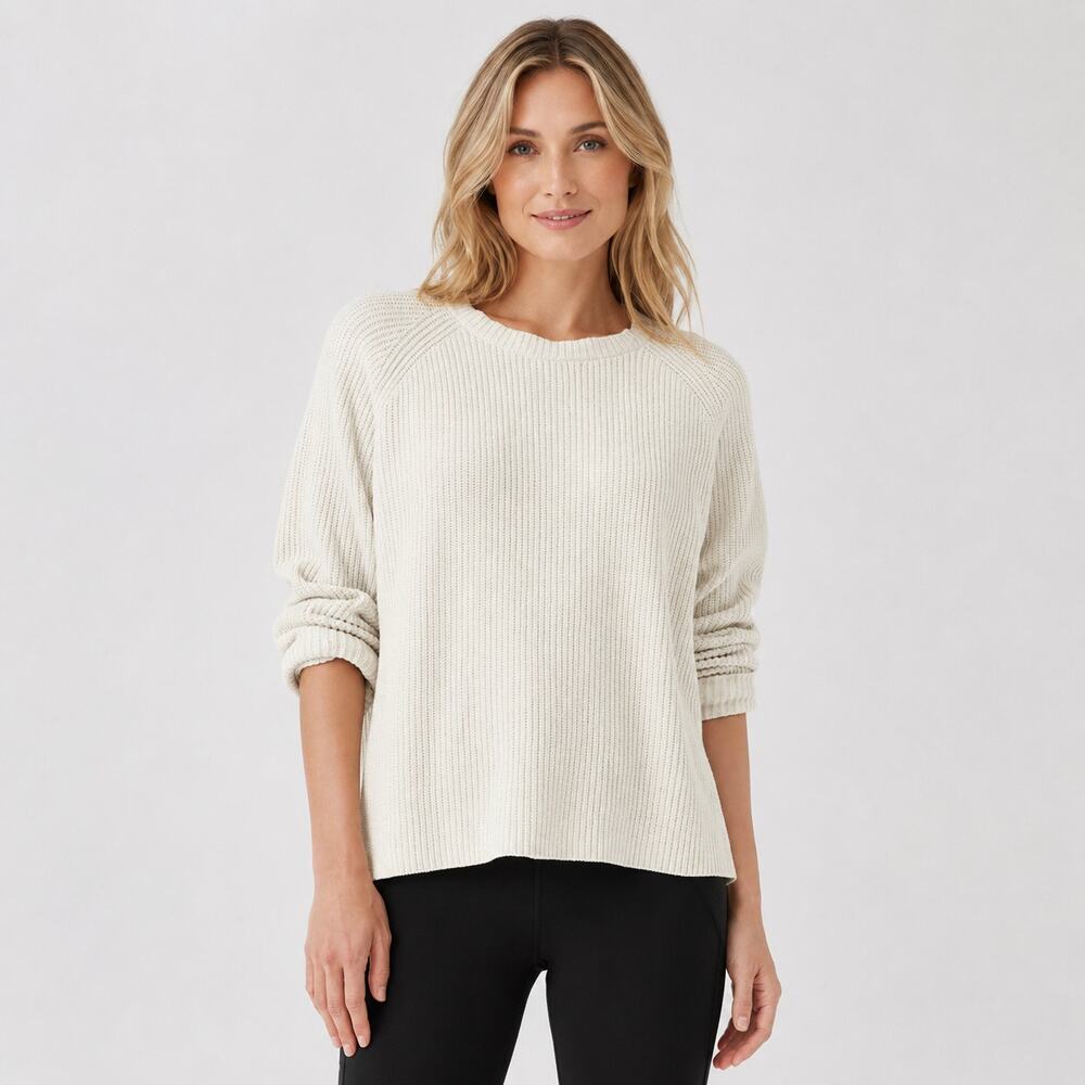 Eileen Fisher Organic Cotton Sweater Womens XL Oatmeal Crewneck Chenille Ribbed